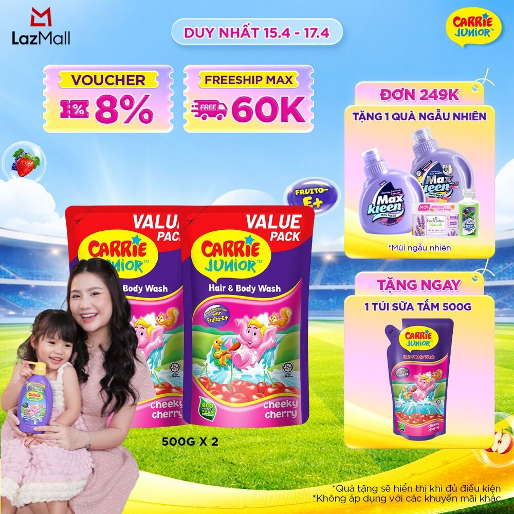 Combo 2 Túi Sữa Tắm Gội Carrie Junior Cho Bé chiết xuất trái cây thiên nhiên Hương Cheeky Cherry 500G