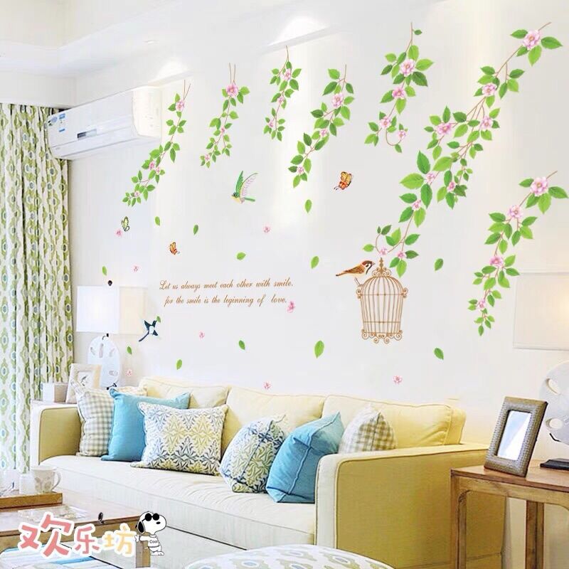 Tranh dán tường, Decal dán tường dây hoa và lồng chim