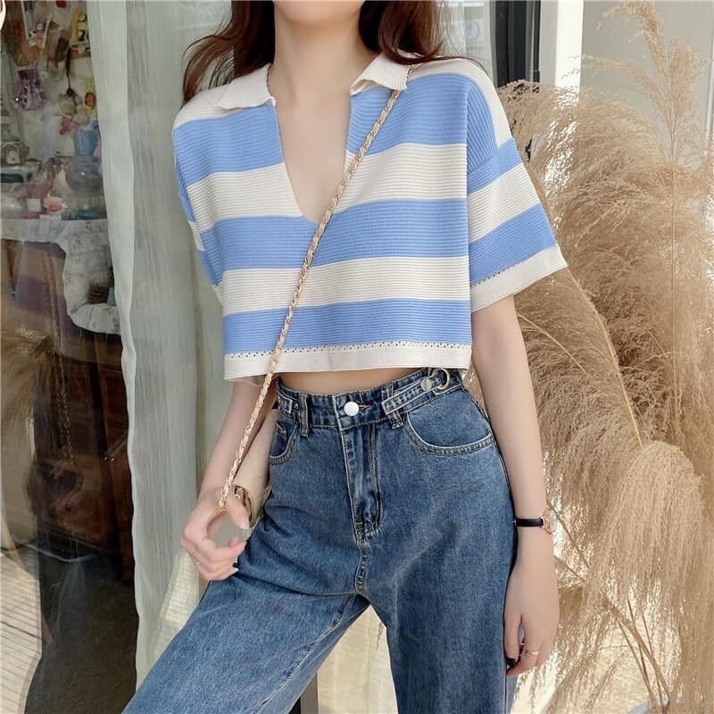 Áo len cộc tay crotop cổ bẻ sọc ngang