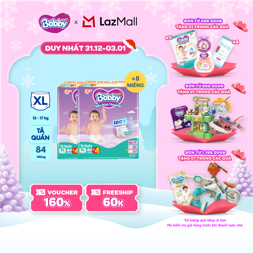 CHỈ 20h 31.12-03.01 QT Đơn 899K 1199K TẶNG MIẾNG NGẪU NHIÊN Combo 2 Tã bỉm quần Bobby 3mm Mega Jumbo Gạo non Giảm nhiệt XL84