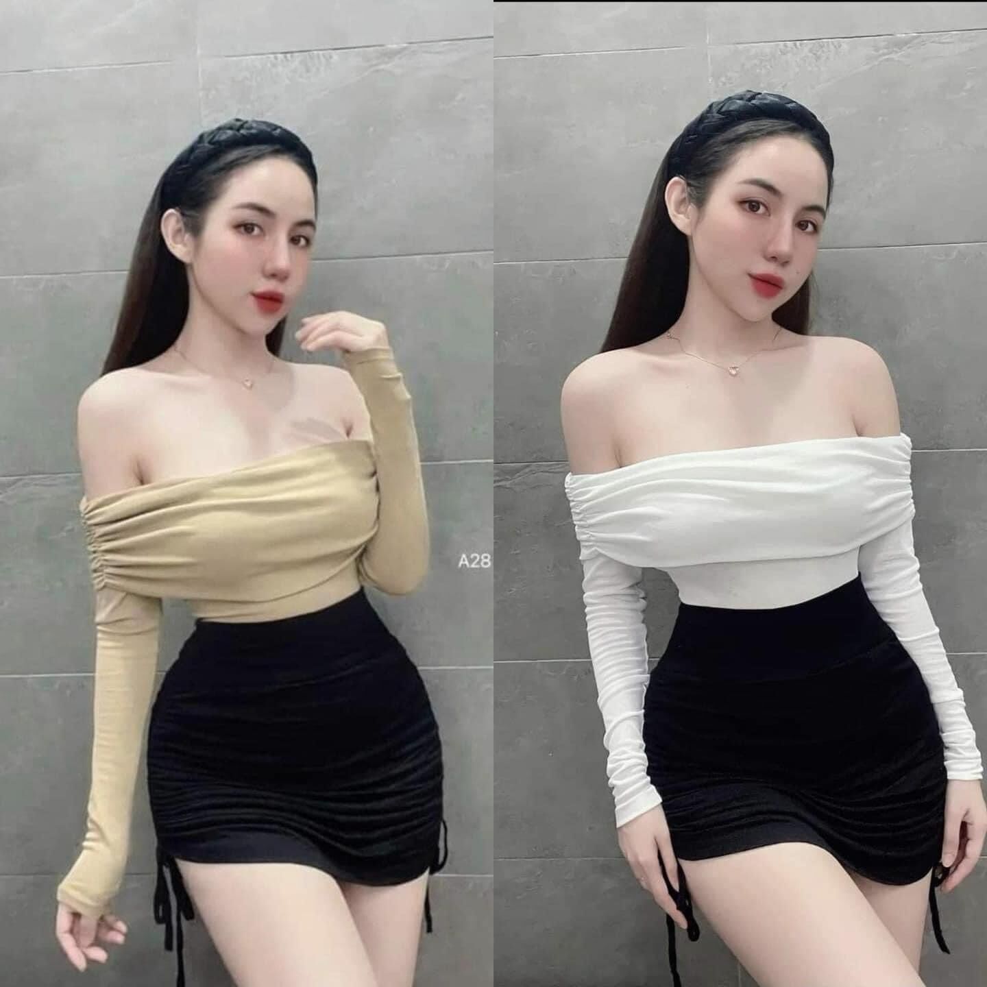 Set chân váy rút dây áo bẹt vai len gân tay dài