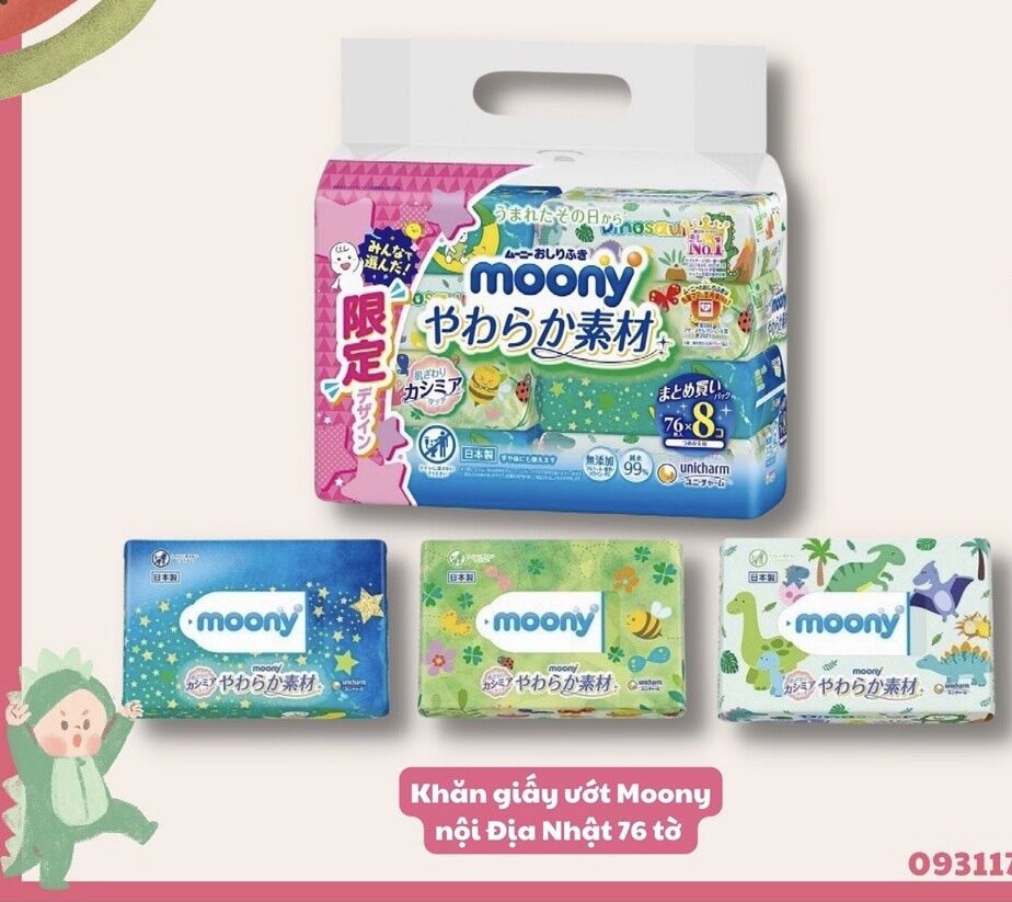 Combo bịch 8 gói giấy ướt Moony nội địa Nhật 76 tờ
