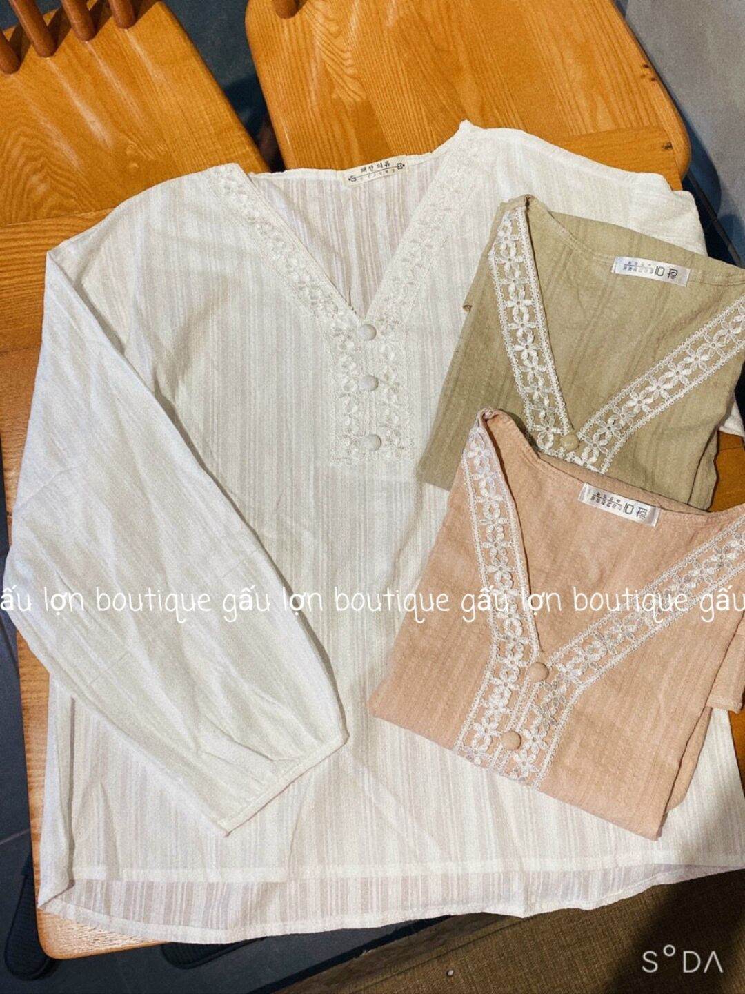 áo sơ mi kiểu cổ v cúc bọc vintage ảnh thật