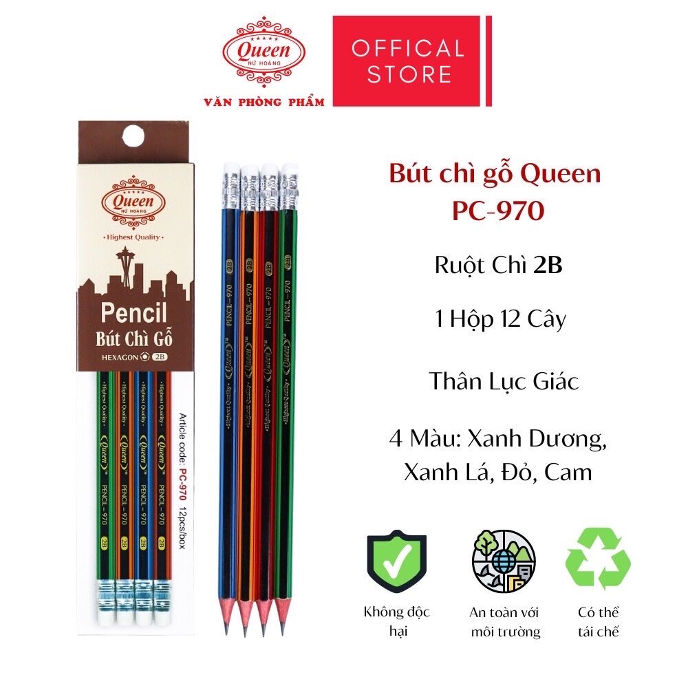 Hộp 12 cây Bút chì 2B Queen- Màu Sọc Đỏ Xanh Lá Vàng Xanh Dương