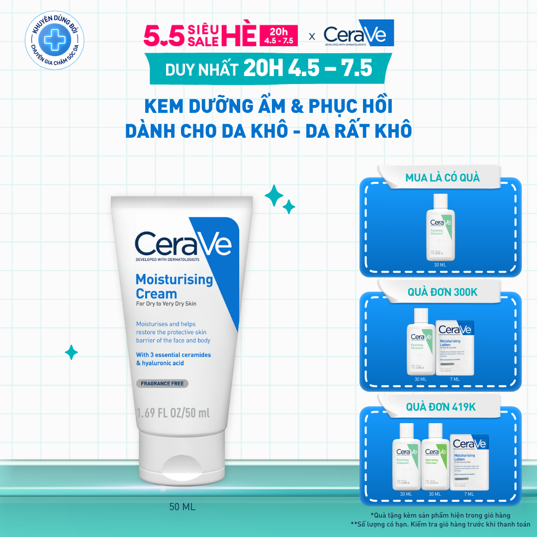 Kem dưỡng ẩm phục hồi chuyên sâu và giữ da ẩm mịn suốt 48H CERAVE MOISTURISING CREAM 50ML