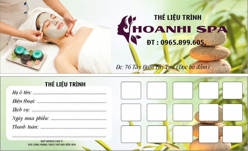 100 thẻ liệu trình spa, theo mẫu.