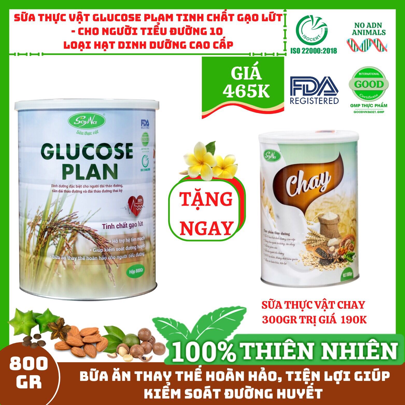 FREESHIP KÈM QUÀ 1 LON HẠT HOẶC CHAY 300G ,SỮA THỰC VẬT GLUCOSE PLAN 800G