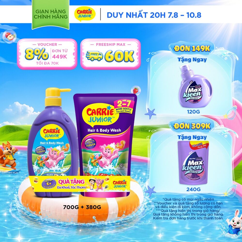 [Tặng kèm túi 380g] Sữa Tắm Gội cho bé Carrie Junior Hương Trái Cây Thiên Nhiên 700g