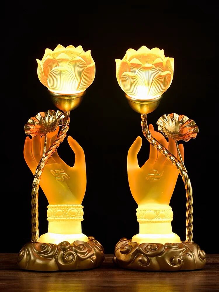 Cặp 2 cây đèn led tay phật cầm hoa sen lưu ly thờ cúng trang trí