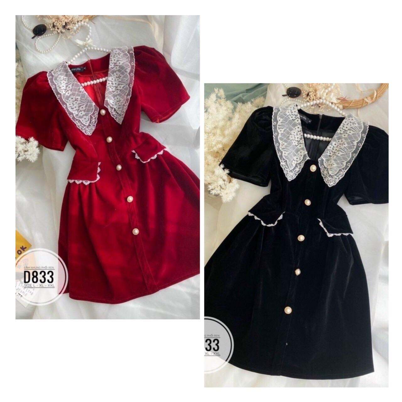 Đầm nhung cổ ren sang chảnh - màu đen, đỏ - đi tiệc, noel, Tết