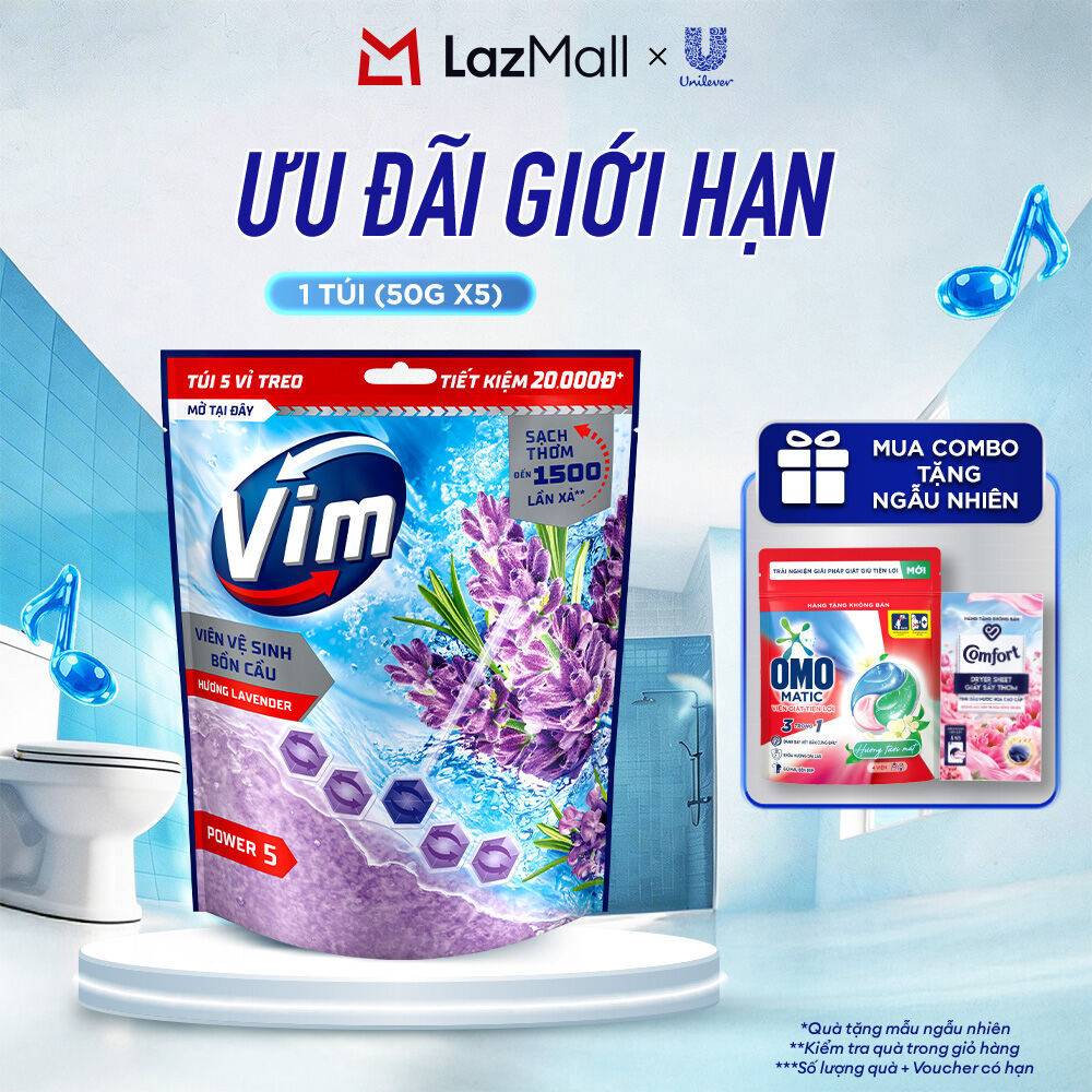 Túi viên tẩy bồn cầu Vim Power 5 Hương Lavender 250g (5 vỉ/túi)