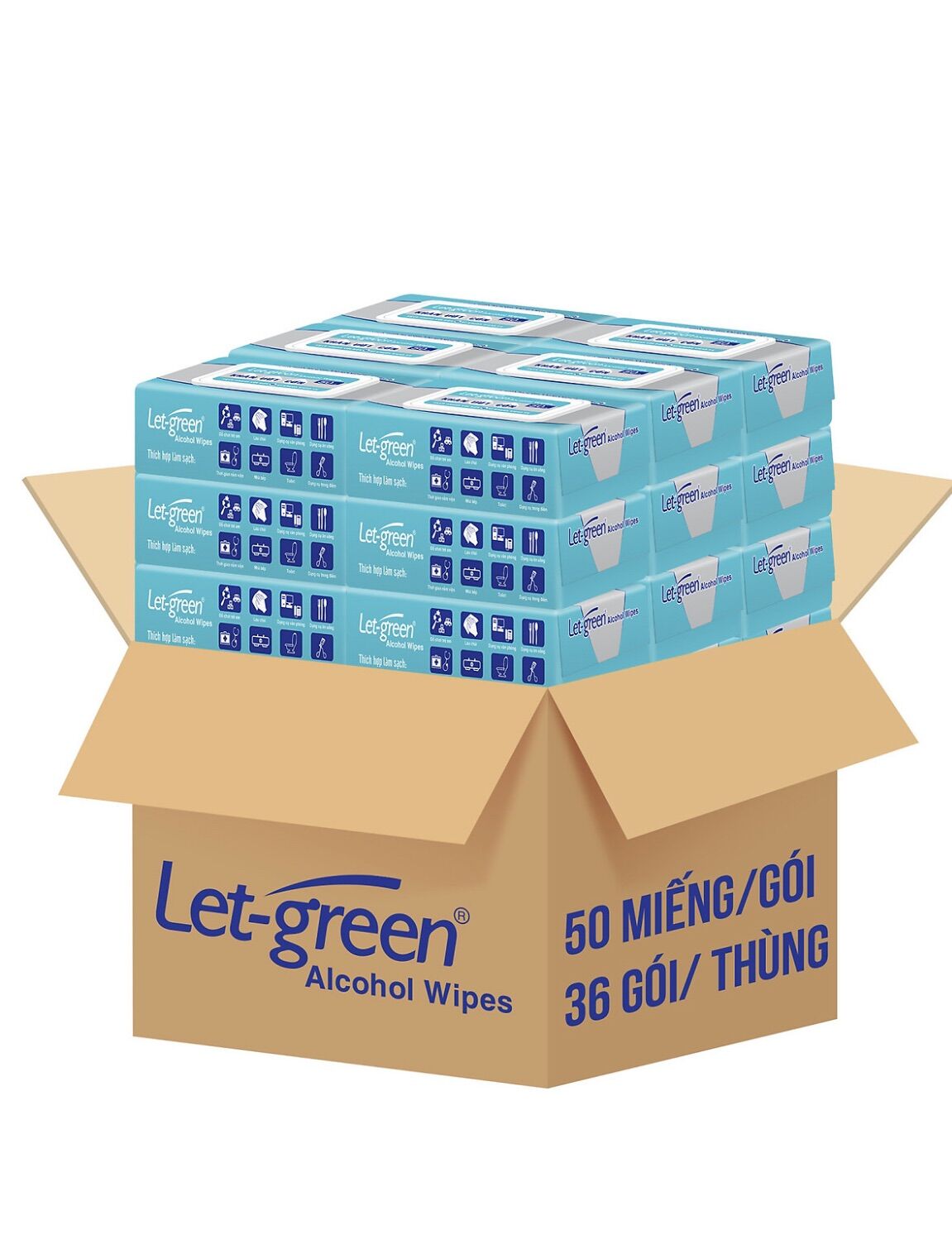 Thùng 36 bao khăn ướt cồn let-green 50 miếng/gói