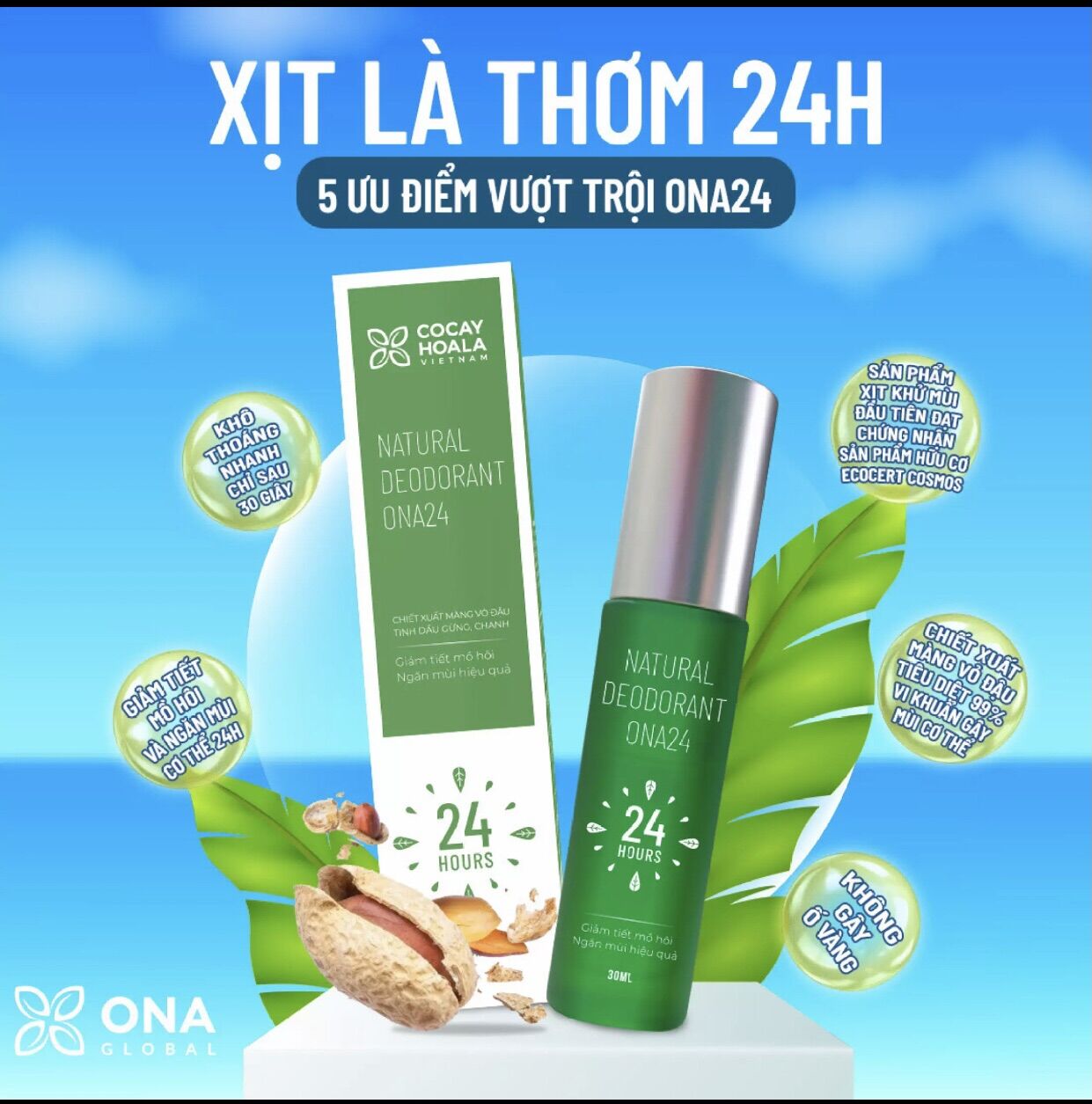 Xịt ngăn mùi cơ thể ONA24 - Xịt khử mùi và ngăn mồ hôi dạng phun sương lưu hương thơm 24h Cocayhoala 30ml