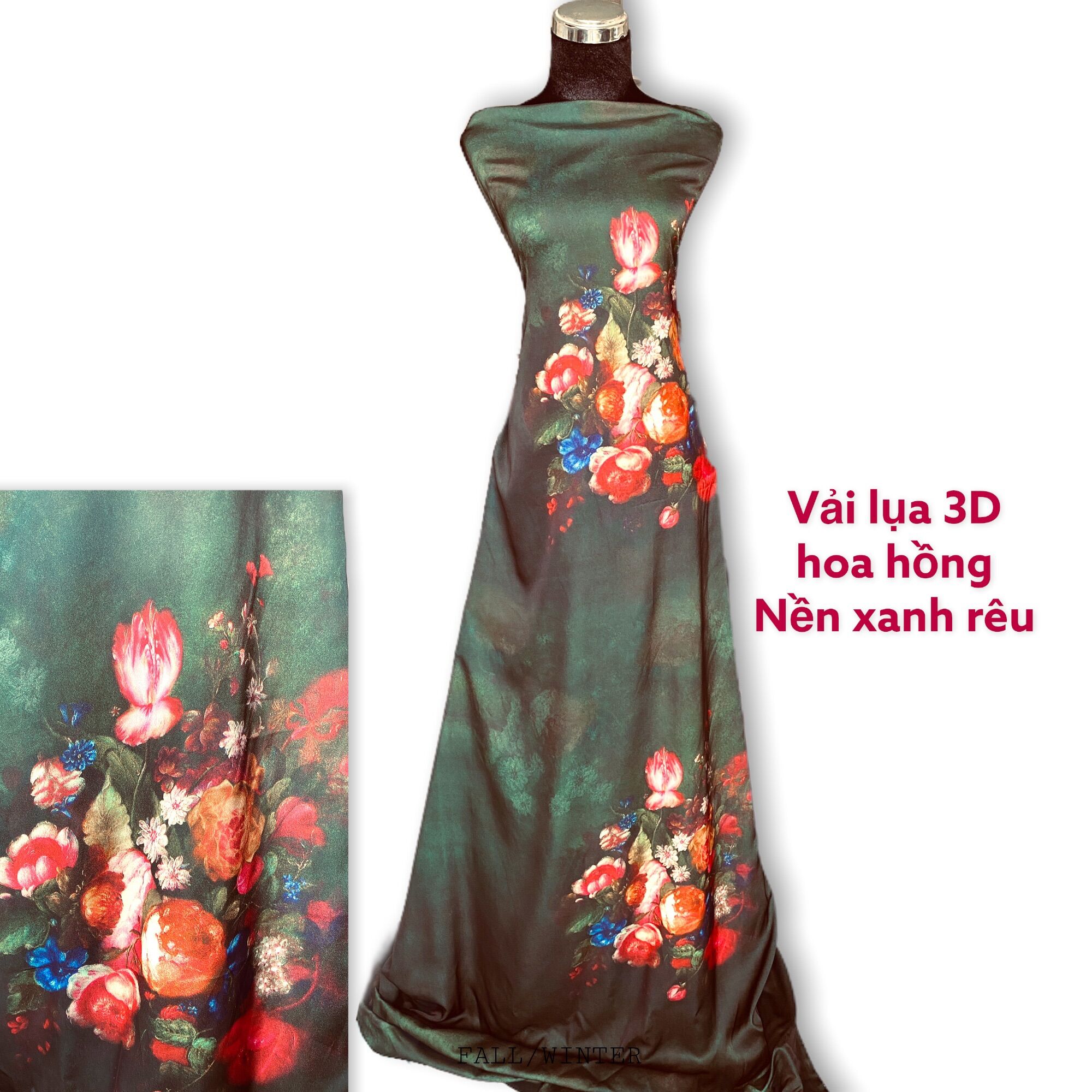 Vải lụa thun 3D co giãn nhẹ hoa hồng vẽ tay