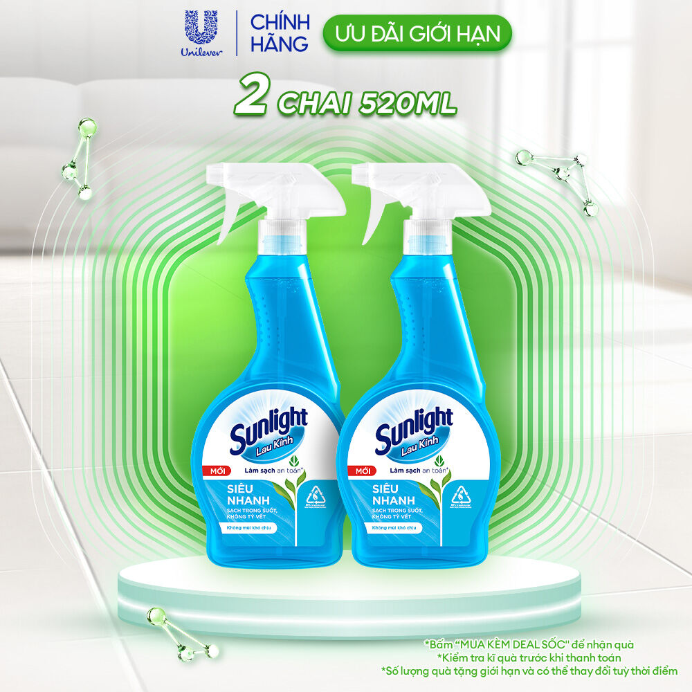 Combo 2 Nước lau kính Sunlight Siêu nhanh | Phiên bản nâng cấp từ Cif | Sạch trong suốt, không tỳ vết | Chai 520ml