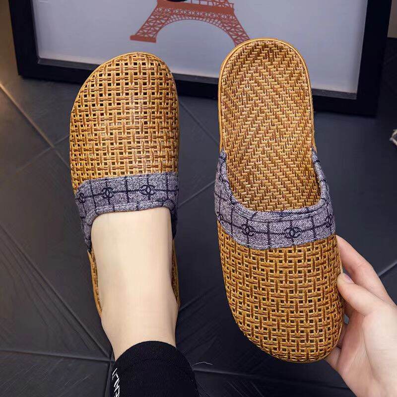 Dép lê mây cỏ dép lê đan dệt dép lưới mát đan tre chiếu rơm thoáng khí nam nữ cặp đôi gia dụng phòng ngủ đế bằng bít mũi
