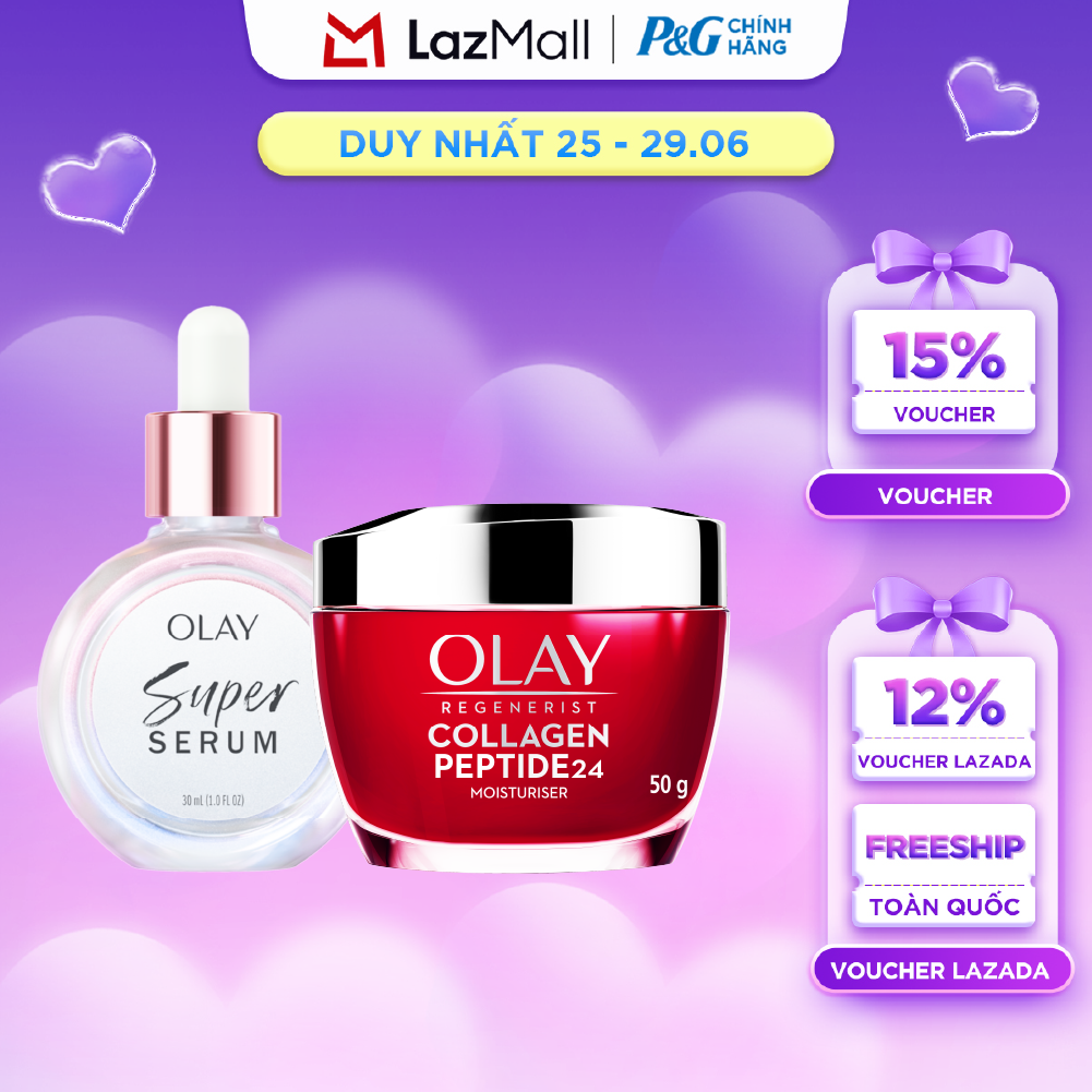 Combo 2 SUPER SERUM OLAY SỨC MẠNH TỪ 5 DƯỠNG CHẤT TRONG 1 - Chai 30ML Và Kem Dưỡng Ẩm OLAY COLLAGEN Peptide24 50G
