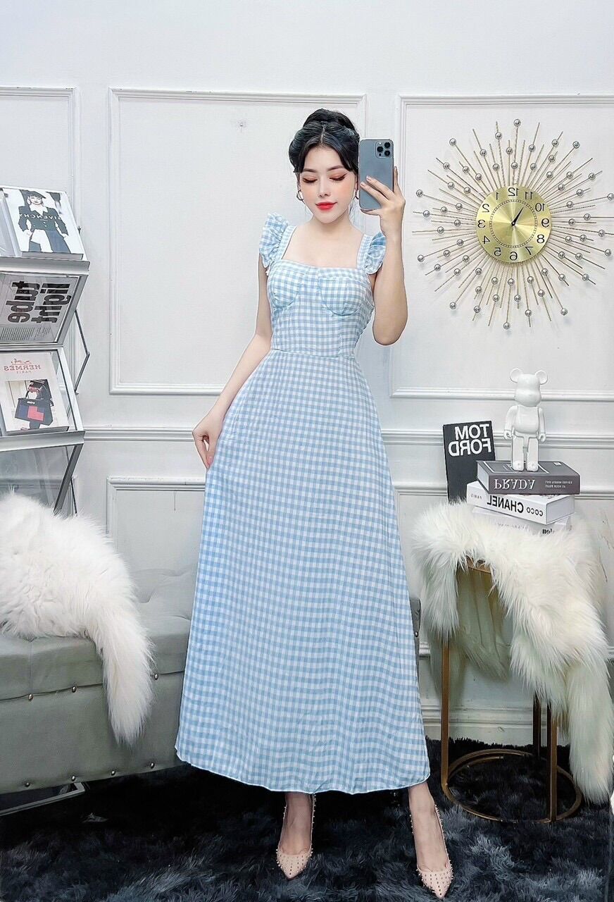 Đầm maxi caro cánh tiên có mút.