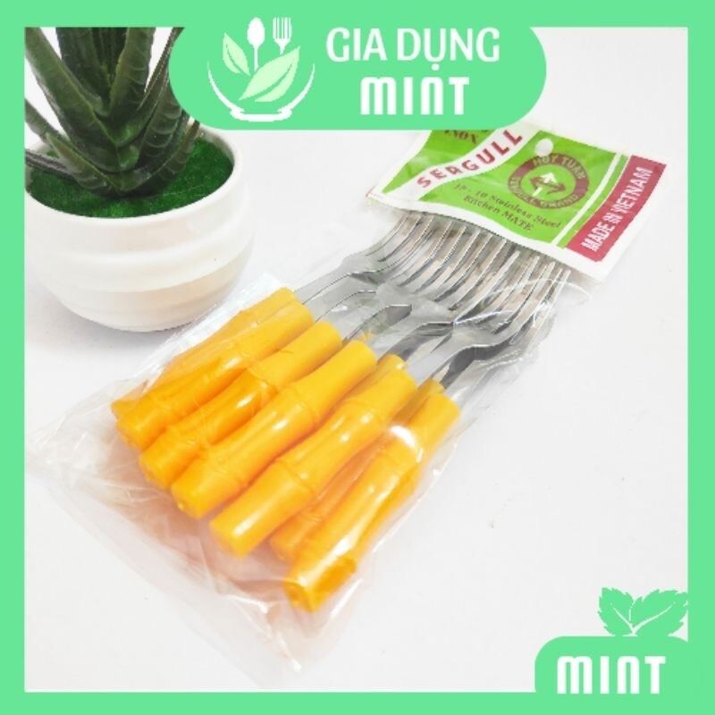 Combo 10 nĩa inox ăn trái cây, nĩa trúc cán vàng cao cấp