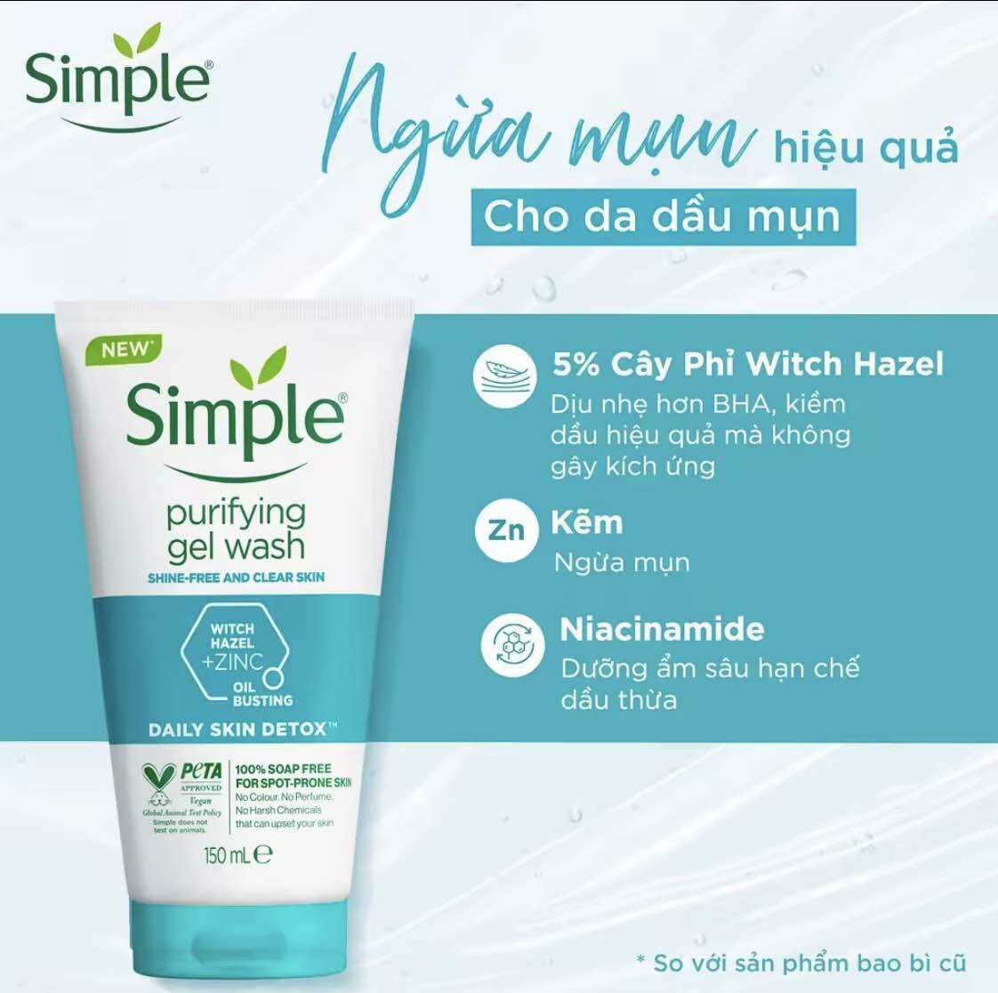 Sữa rửa mặt Simple ngừa mụn / lành tính 150ml