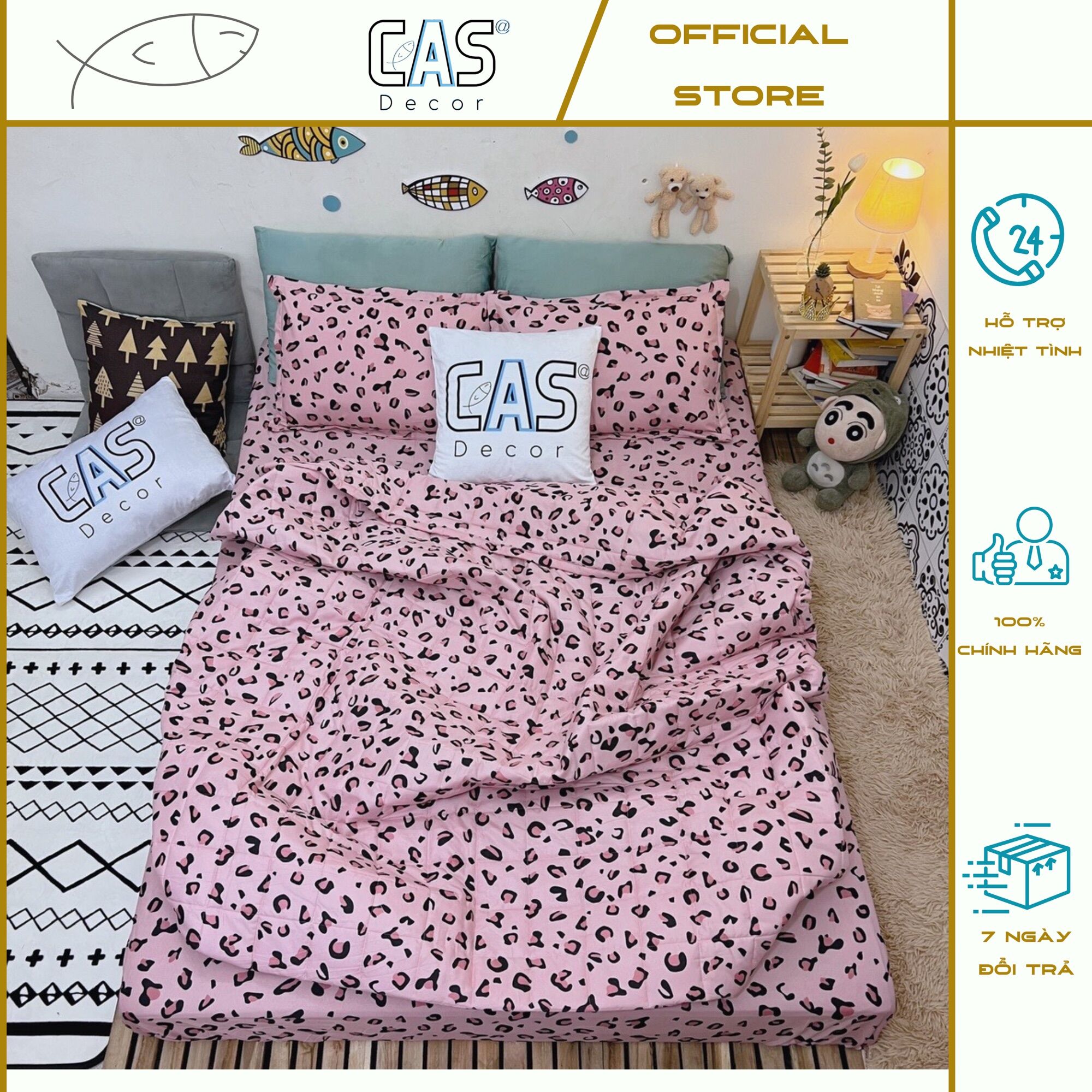 Bộ chăn ga gối cotton poly cas decor - hình báo hồng