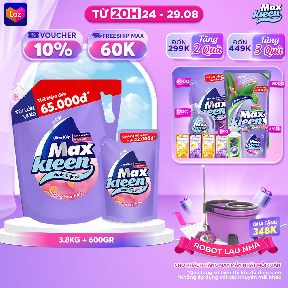 Combo Nước giặt xả MaxKleen hương hoa nắng: 1 Túi 3.8kg + 1 Túi 600g