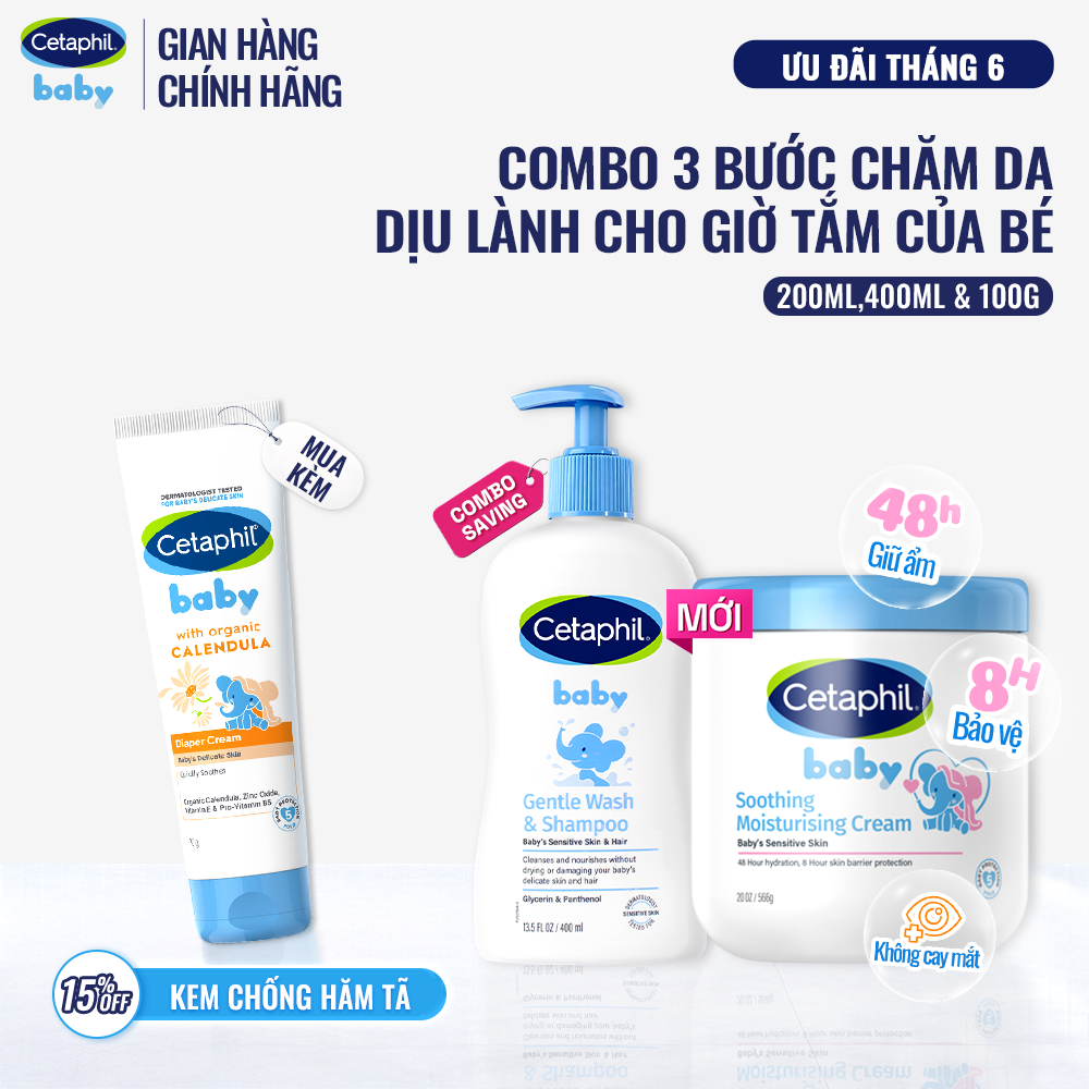 Combo Sữa tắm gội CETAPHIL BABY CALENDULA 400ML  Dầu massage dưỡng ẩm Baby Oil 200ml  Kem dưỡng ẩm Moisturising tuýp 100g
