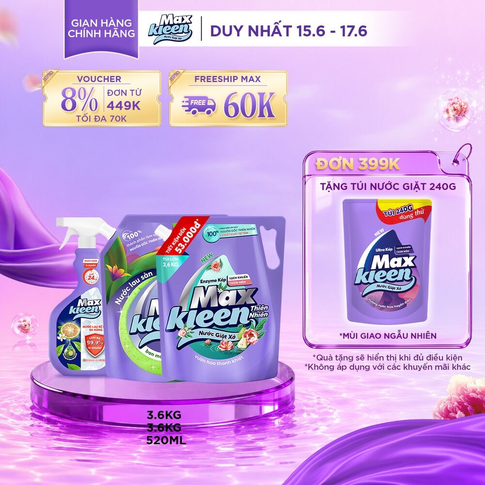 Combo Túi Nước Lau Sàn 3.6kg + Túi Nước Giặt Xả MaxKleen Thiên Nhiên 3.6kg + Chai nước lau bề mặt đa năng
