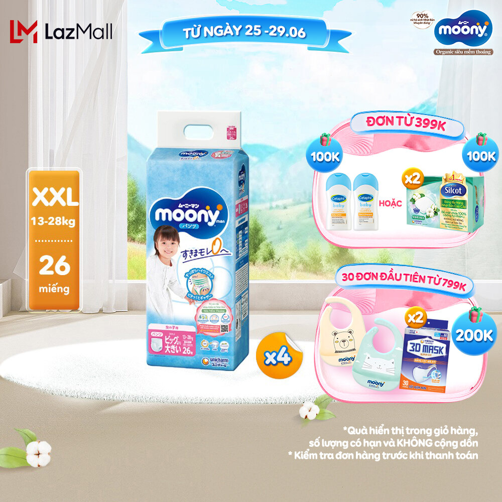 Combo 4 Tã/Bỉm quần cao cấp Moony Blue XXL26 bé gái