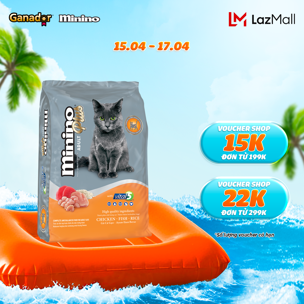 Thức ăn hạt Minino Plus cho mèo vị Gà, Cá, Gạo 1.5 kg