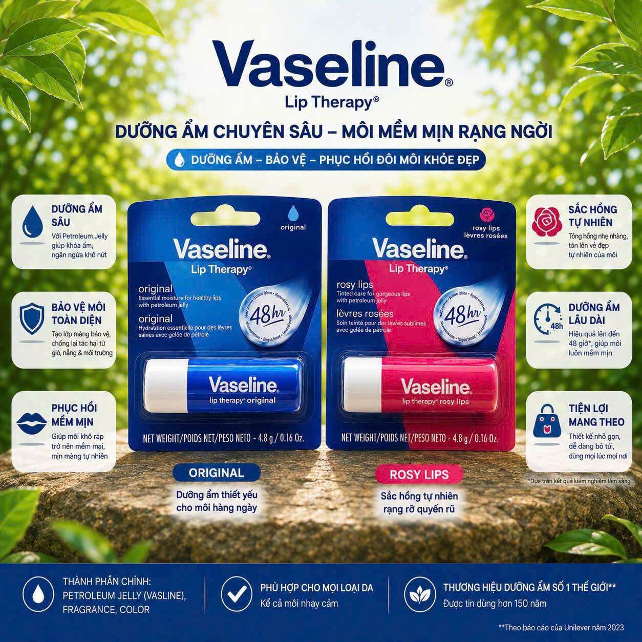 Son Dưỡng Môi Mềm Mịn Vaseline Hồng Xinh Rosy Lips Dạng Thỏi 4.8g