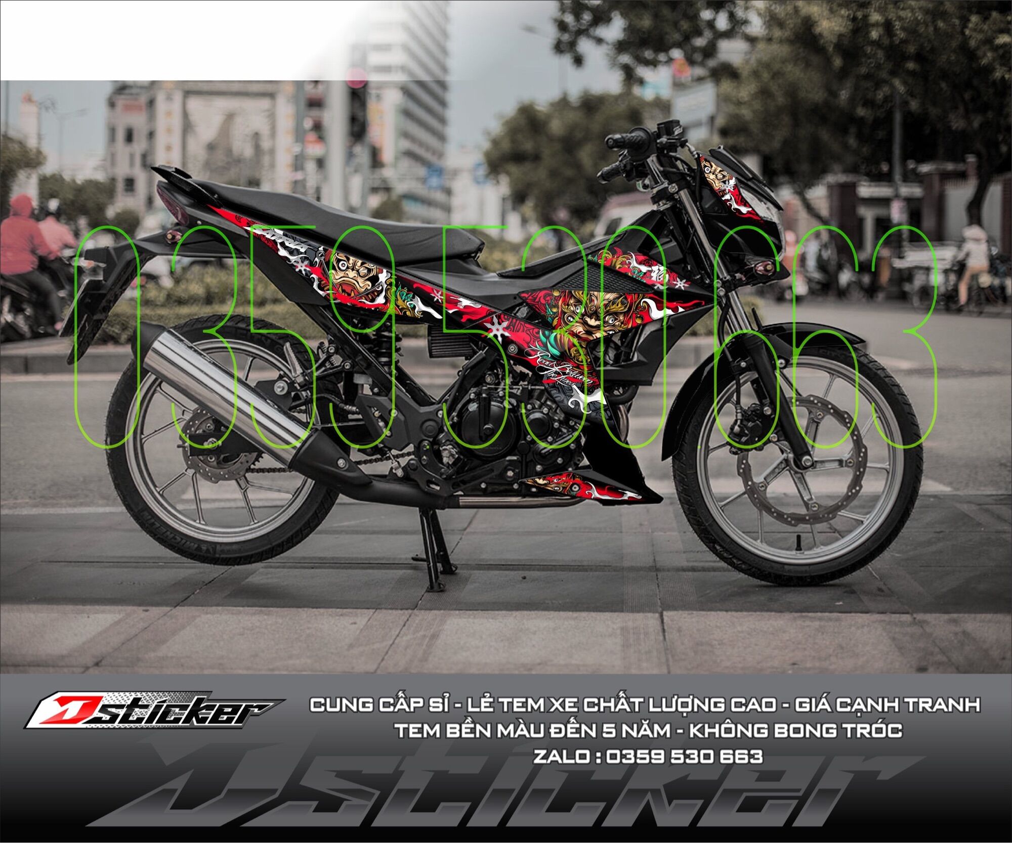 Tem rời Daruma đỏ dán Satria xe đen - cực ngầu 2021