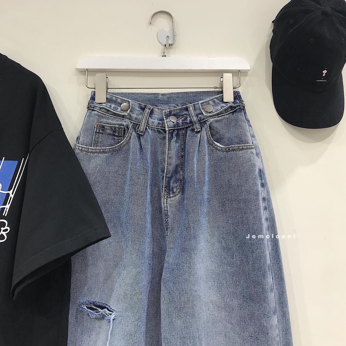 Baggy jeans ống suông đai nút rách PT
