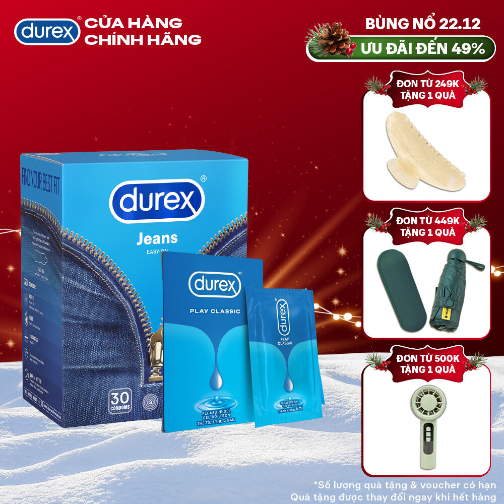  Combo Bao cao su Durex Jeans cơ bản bôi trơn size 52.5mm hộp 30 bao +  Gel Classic Dạng Gói 5ml 