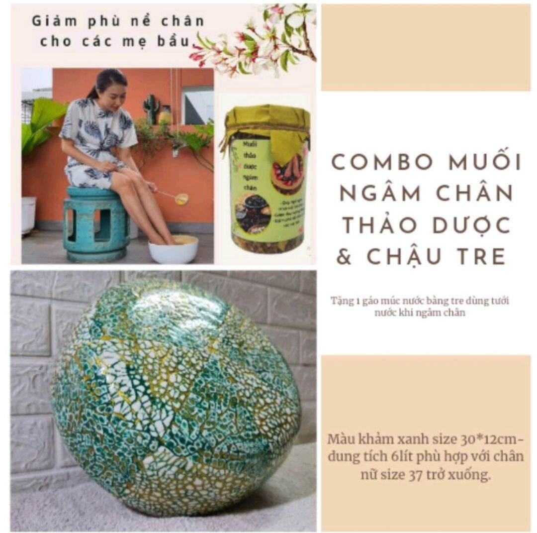 Combo chậu tre+ muối thảo dược ngâm chân.