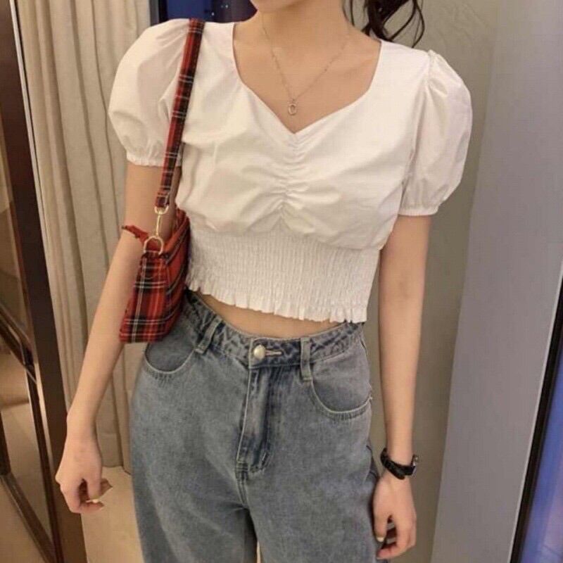 Áo croptop vai bồng chun eo nhún ngực
