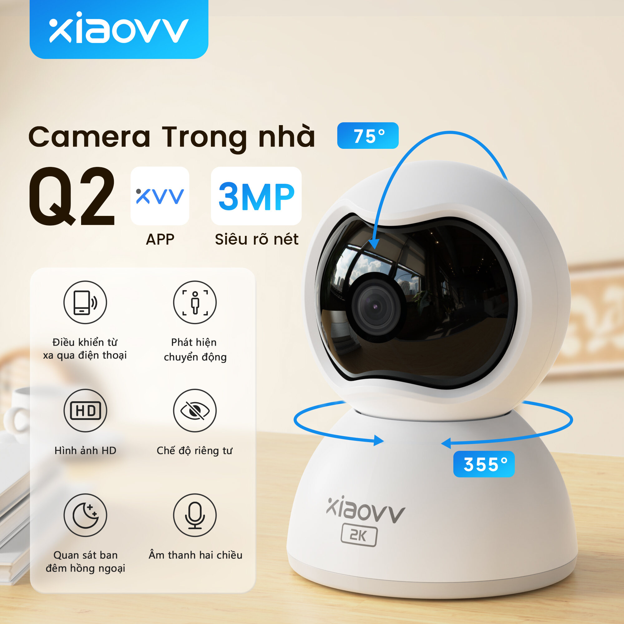 Xiaovv Q2 Smart 360°PTZ Ip Camera Cctv Wireless WiFi 1296p/3MP HD Image Connect Phone For House Security