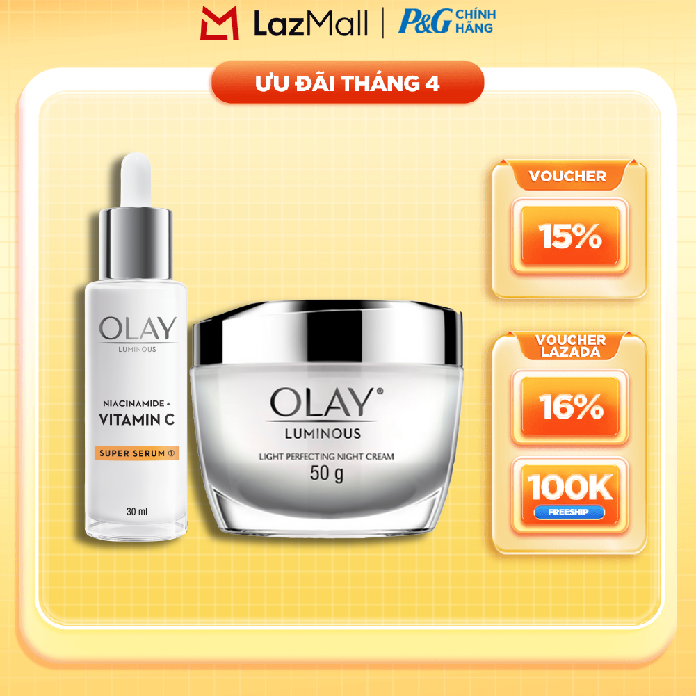 Combo Kem Dưỡng Ban Đêm OLAY Luminous Niacinamide VITAMIN C Giúp Mờ Vết Thâm, Đốm Nâu, Dưỡng Sáng Da Chai 30ML + Kem Dưỡng Ban Đêm OLAY LUMINOUS Dưỡng Sáng Da Hũ 50G