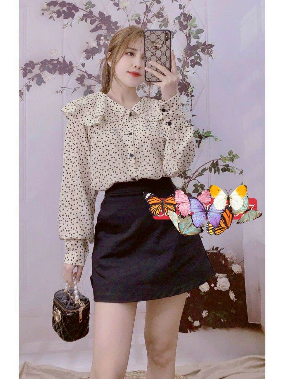 Áo kiểu chấm bi tay dài cổ bèo xinh - A184