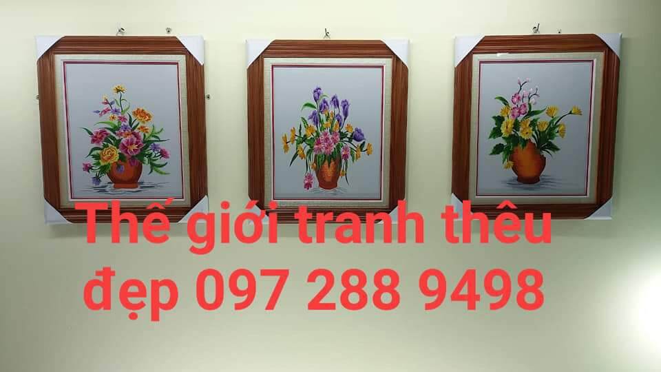 Tranh thêu bộ ba các loài hoa đẹp tranh đã lên khung hoàn chỉnh chỉ việc treo kttp42*48cm