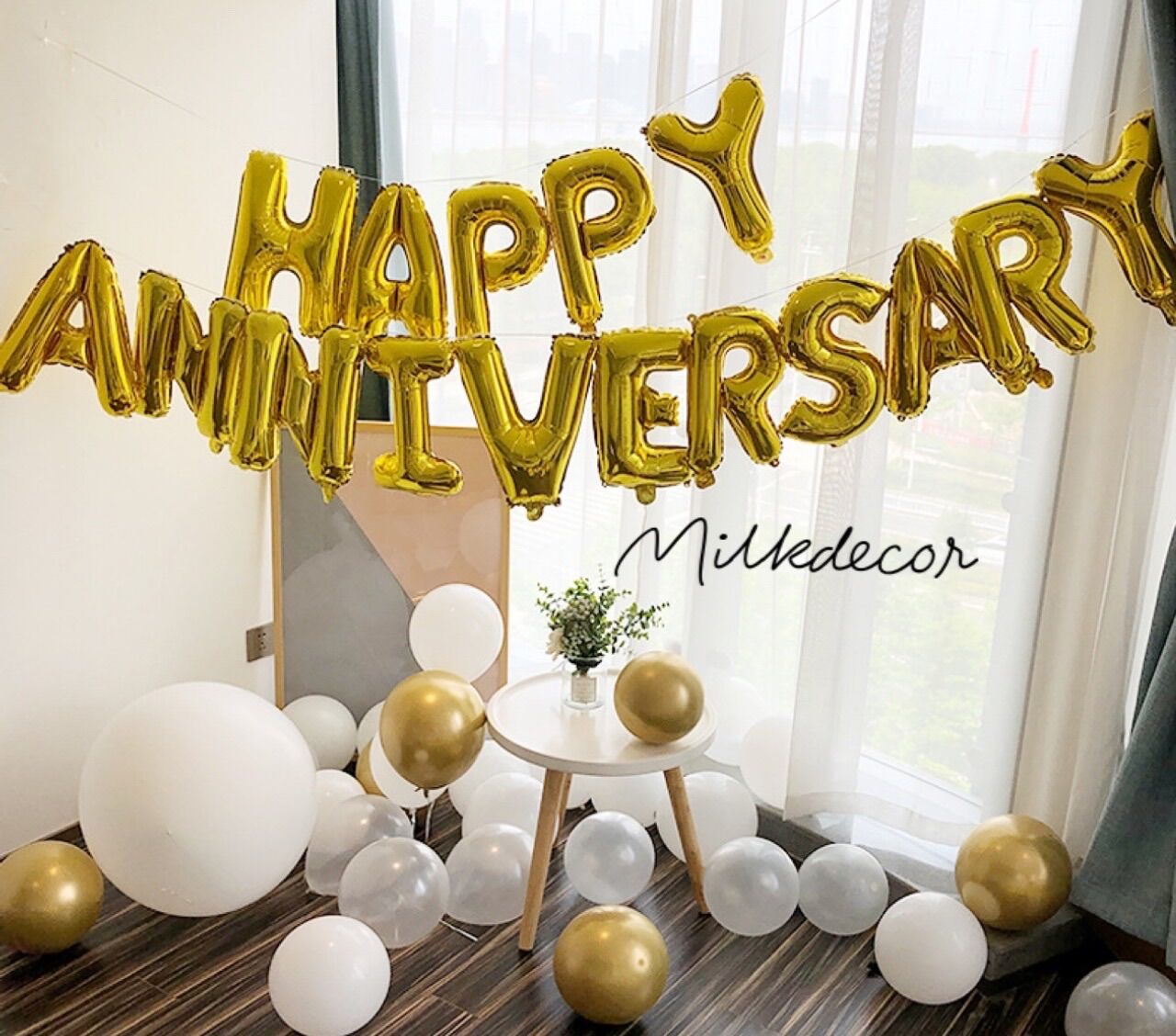 {Tặng Kèm Bóng 24") Set bong bóng kiếng chữ Happy Anniversary màu vàng MS66