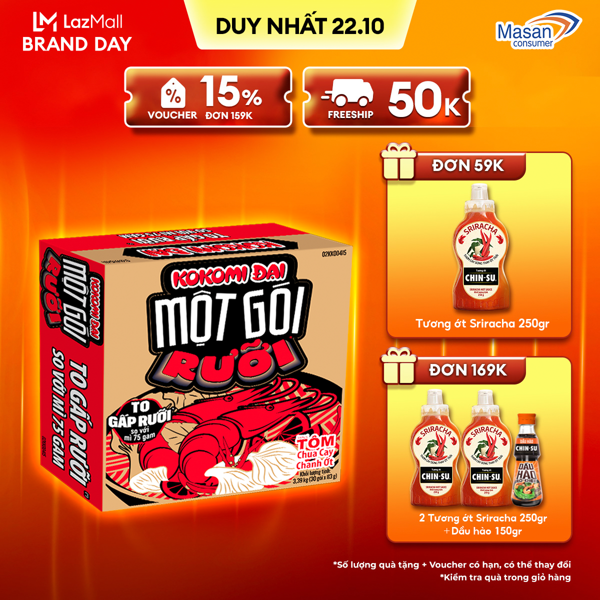 [CHỈ TRONG 22.10 VOUCHER 20% CHO ĐƠN TỪ 199K] Mì Kokomi Đại Một Gói Rưỡi Tôm Chua Cay Chanh Ớt - Thùng 30 Gói x 113g