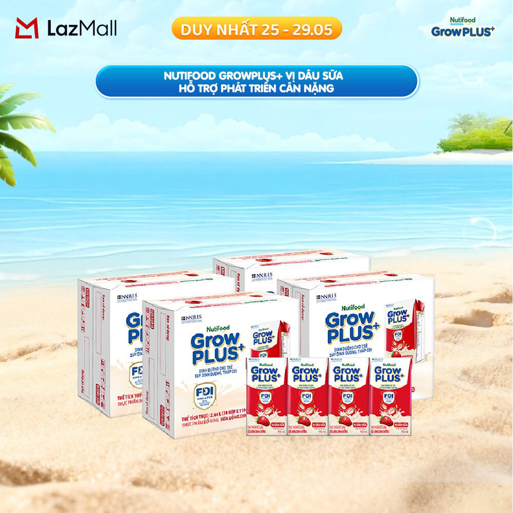 Combo 4 Thùng 24 hộp Sữa bột pha sẵn Nutifood GrowPLUS+ Vị Dâu Sữa hộp 110ml - Hỗ trợ phát triển cân nặng