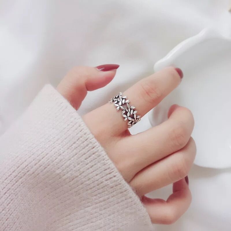 Nhẫn lá olive hai vòng freesize - bạc thái 925