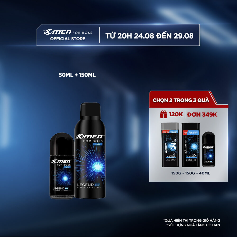 Combo Lăn khử mùi X-men For Boss Legend 50ml + Xịt khử mùi X-men For Boss Legend 150ml