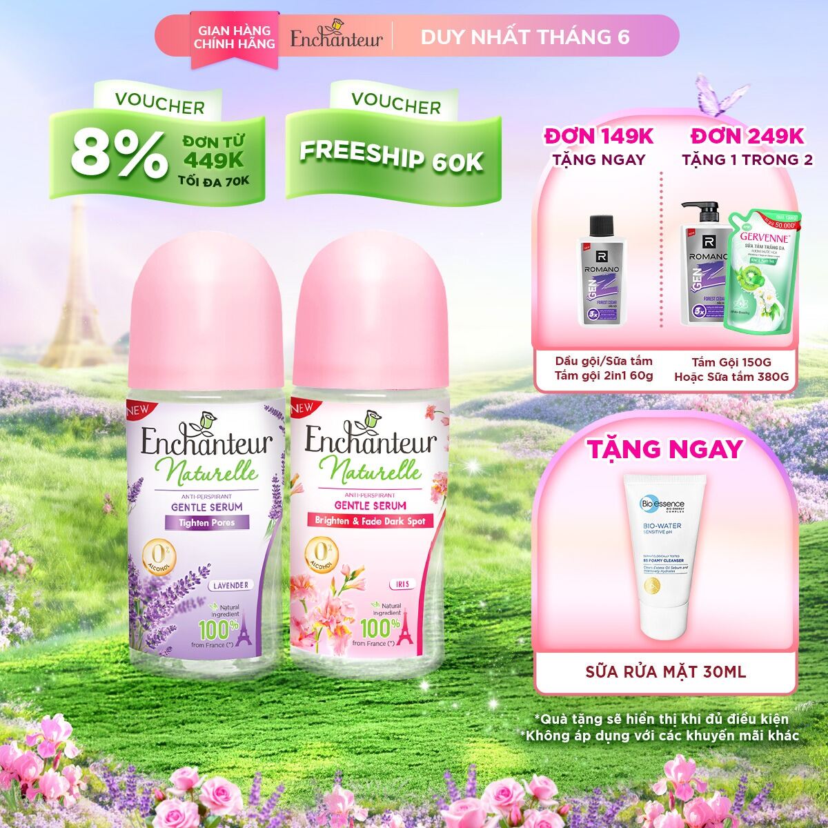 Combo 2 Serum khử mùi Enchanteur Naturelle Rose hoa hồng Pháp 50ml