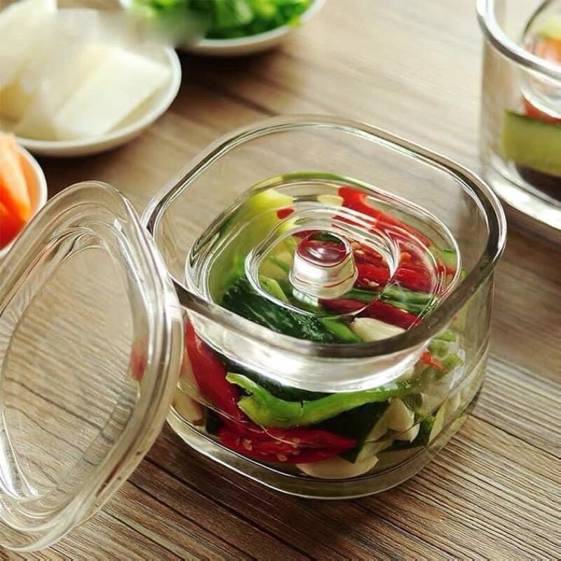 Hũ muối dưa cà thủy tinh có đĩa nén / hũ muối dưa mini để tủ lạnh