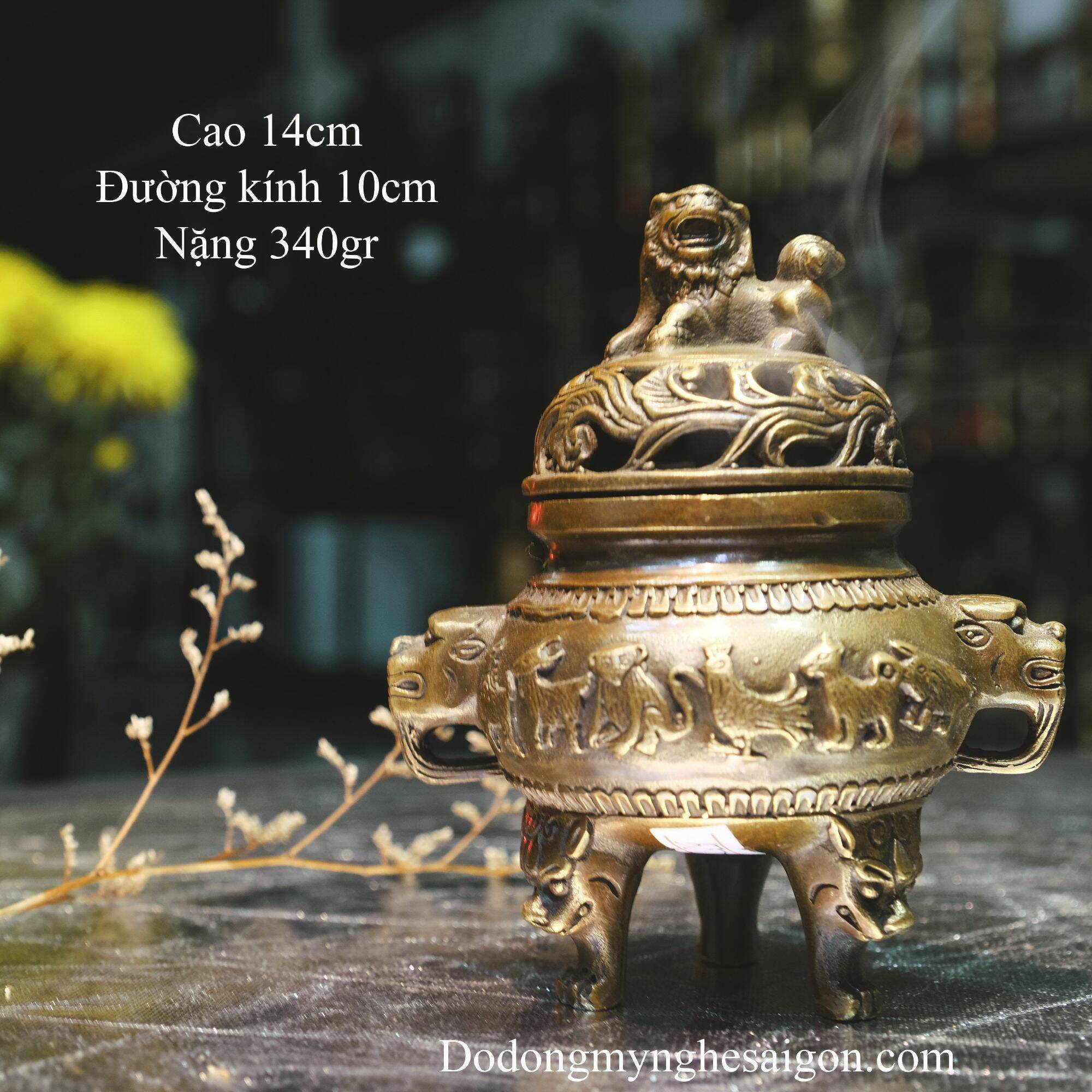 Lư đốt trầm bằng đồng, lư xông trầm hoạ tiết 12 còn giáp, đỉnh đốt trầm bằng đồng cao cấp