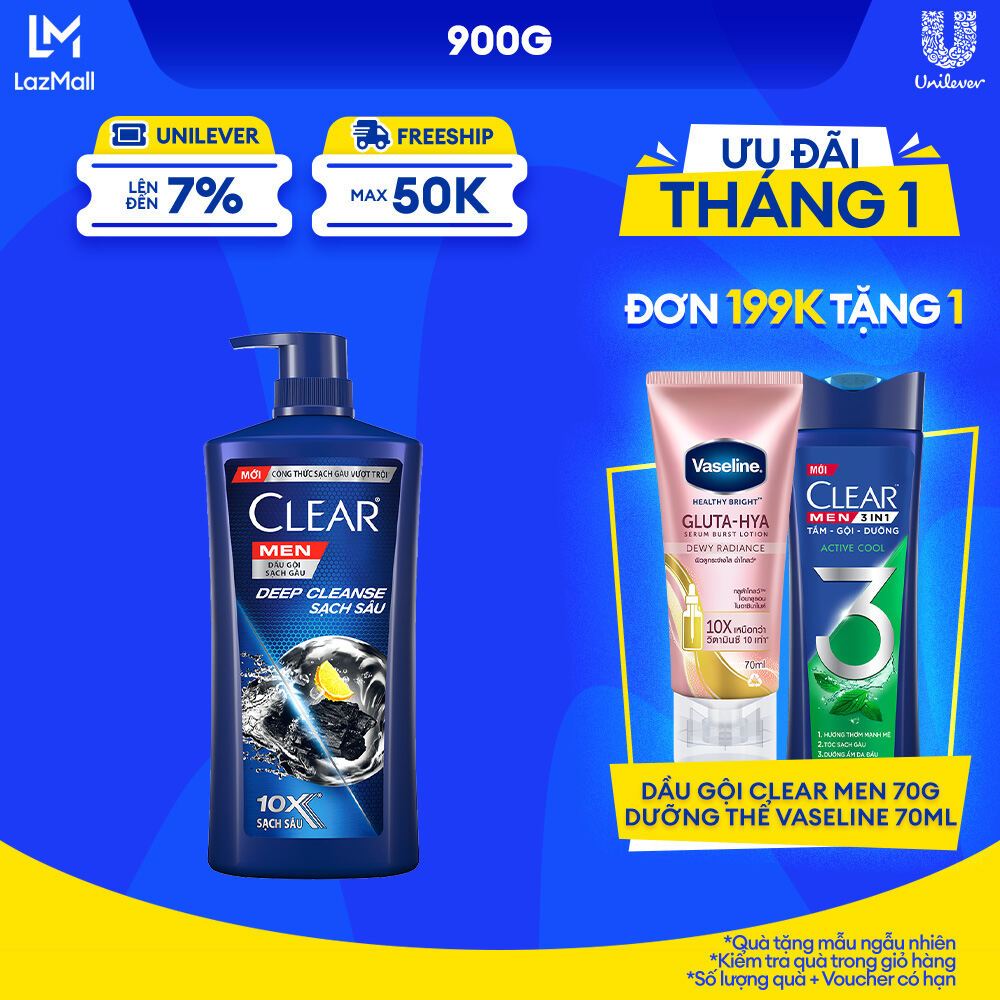 Dầu Gội Sạch Gàu Clear Men Deep Cleanse Than Hoạt Tính Sạch Sâu Đánh Bay Gàu Nhờn Ngứa 900g