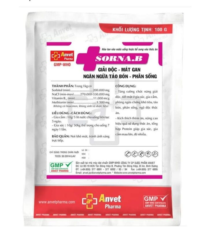 Combo 2 gói* 100 gram Sorna B giải độc gan, ngăn táo bón, phân sống vật nuôi